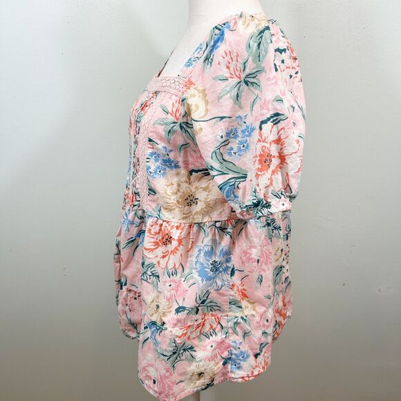 Loft 100% Cotton Pink Floral Peplum Lace Puff Sleeve Top Size XS Cottagecore - Picture 12 of 13